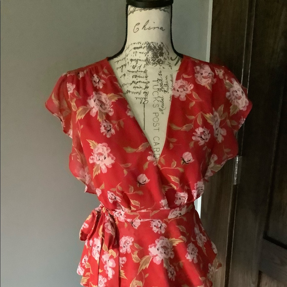 Red floral short sleeved wrap blouse